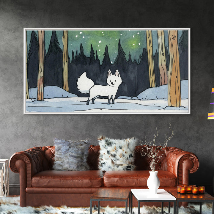 White Fox In Snowy Pine Forest, Framed Canvas Print, Nordic Winter Wall Art, Woodland Nursery Decor, Whimsical Gift For Her