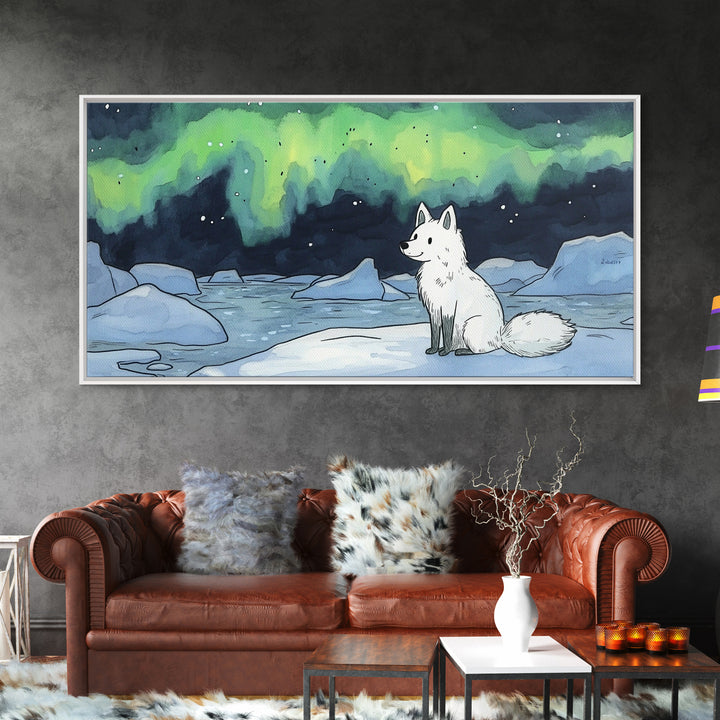 Sitting Arctic Fox On Ice Under Aurora, Canvas Print, Celestial Wall Art, Winter Coastal Decor, Calming Wildlife Gift For Her