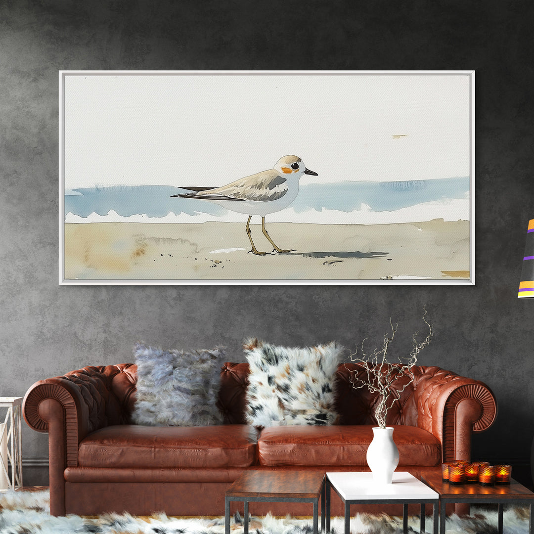 Tiny Snowy Plover Beside Gentle Surf Canvas Print, Watercolor Bird Art, Coastal Wall Art, Beach House Decor, Nature Print