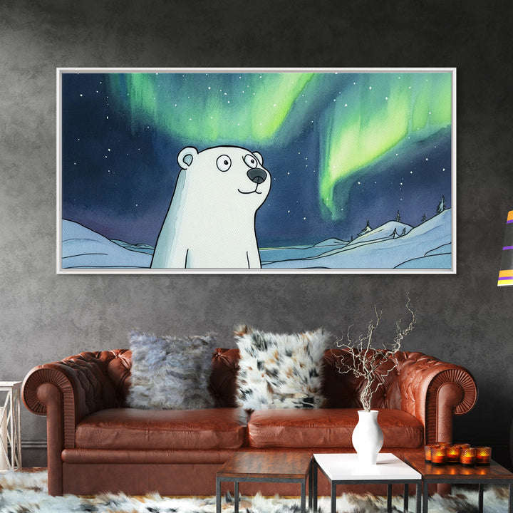 Whimsical Polar Bear Under Northern Lights Wall Art, Arctic Nursery Decor, Aurora Animal Print, Kids Room Canvas Gift, Home Decor