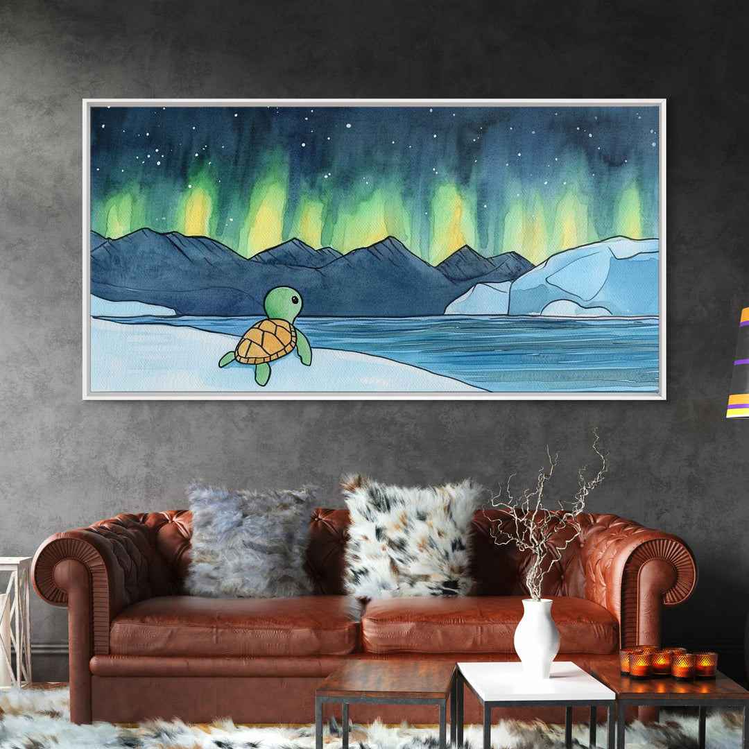 Baby Sea Turtle Watching Aurora Wall Art, Northern Lights Landscape, Arctic Ocean Nursery Decor, Whimsical Kids Room Print
