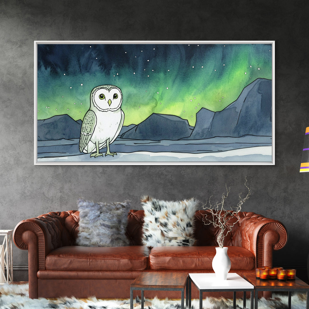 Snowy Owl Under Aurora Borealis Wall Art, Arctic Landscape Canvas Print, Wildlife Nursery Decor, Northern Lights Gift For Bird Lover