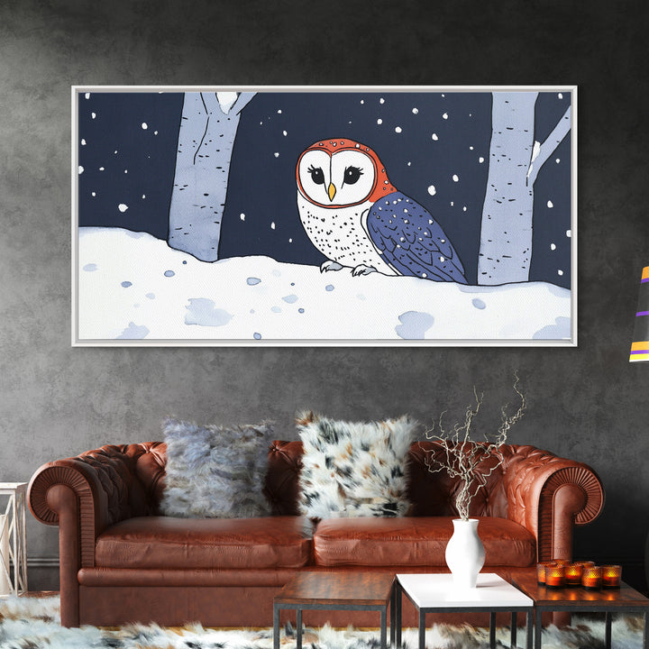 Cute Red And Blue Owl In Snow Wall Art, Woodland Nursery Decor, Whimsical Bird Print, Winter Animal Canvas For Kids Room