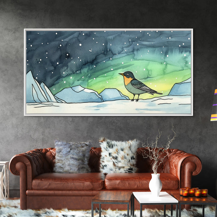 Tiny Penguin Under Northern Lights Wall Art, Arctic Ocean Canvas Print, Whimsical Nursery Decor, Winter Animal Gift For Kids Room