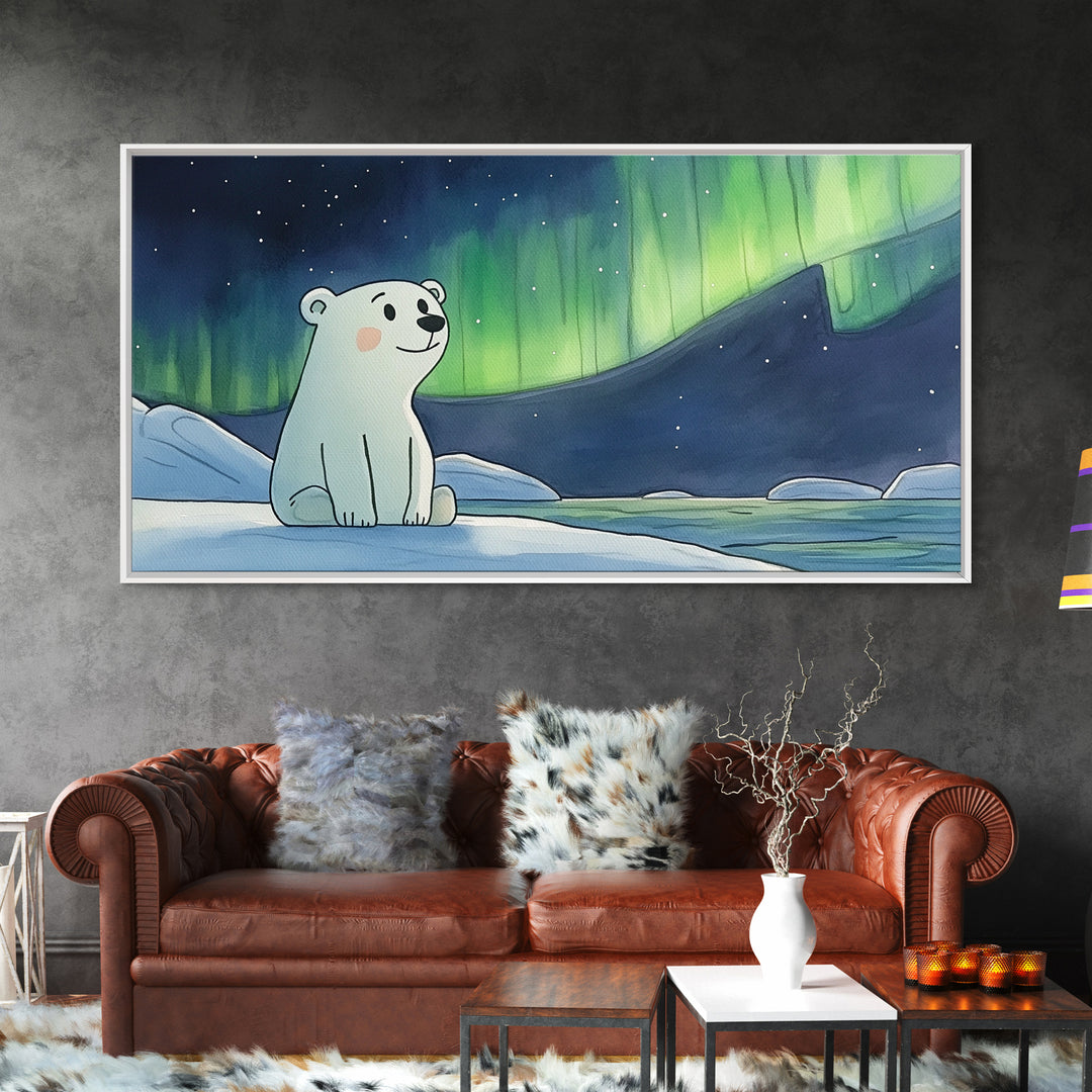 Smiling Polar Bear Under Northern Lights Canvas Print, Whimsical Arctic Nursery Decor, Kids Room Wall Art, Baby Shower Gift