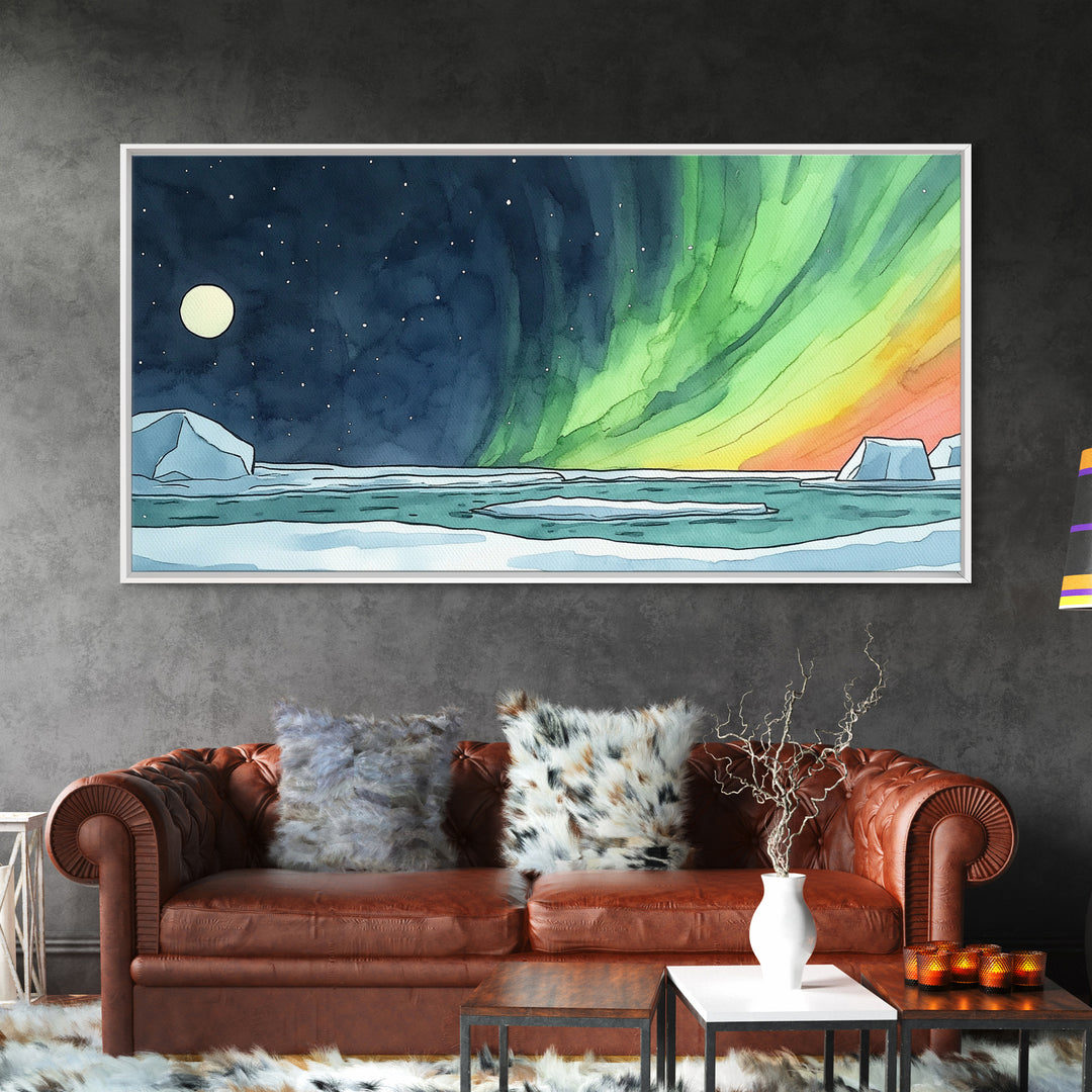 Aurora Borealis Over Icy Ocean Wall Art, Arctic Landscape Print, Celestial Night Sky Decor, Coastal Living Room Wall Art