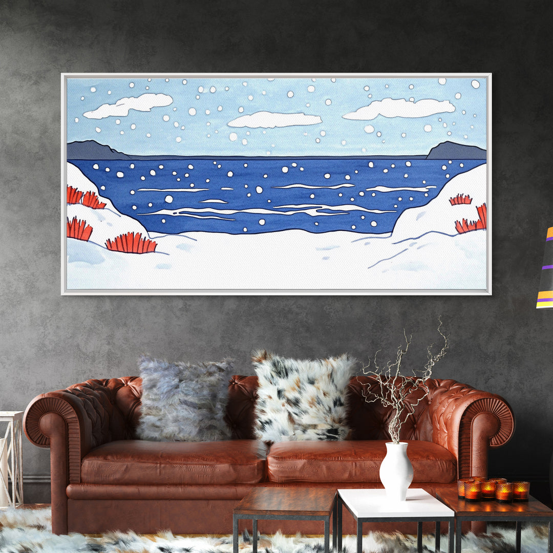Snowy Winter Ocean With Red Grass Wall Art, Minimal Coastal Landscape Print, Scandinavian Nursery Decor, Beach House Wall Decor