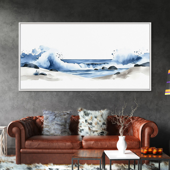 Crashing Blue Waves On Sandy Shore Canvas Print, Minimalist Ocean Wall Art, Coastal Bathroom Decor, Beach House Art Print