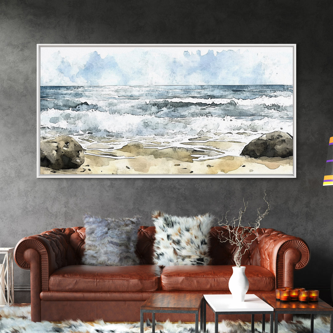Rocky Surf And Foamy Tide Wall Art, Watercolor Ocean Painting Print, Nautical Coastal Decor, Beach House Living Room Art