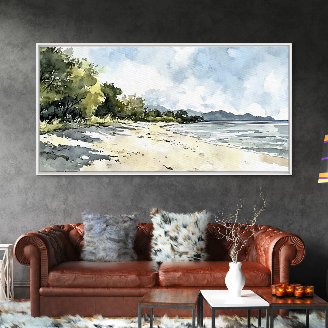 Sunny Tropical Beach With Trees Canvas Print, Coastal Landscape Wall Art, Watercolor Ocean Decor, Beach House Living Room Print
