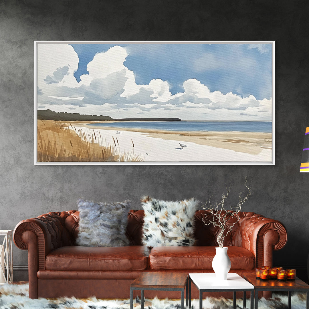 Open Sandy Beach With Big Clouds Wall Art, Soft Watercolor Seascape Print, Neutral Coastal Decor, Above Sofa Living Room Art