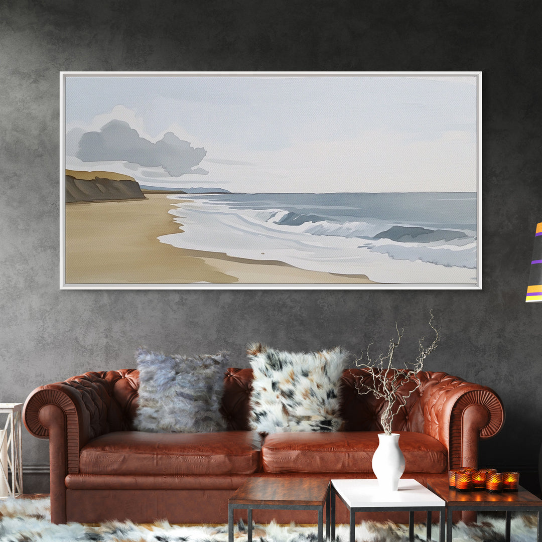 Quiet Shoreline With Rolling Waves Canvas Print, Minimalist Coastal Wall Art, Serene Beach Decor, Neutral Living Room Wall Art