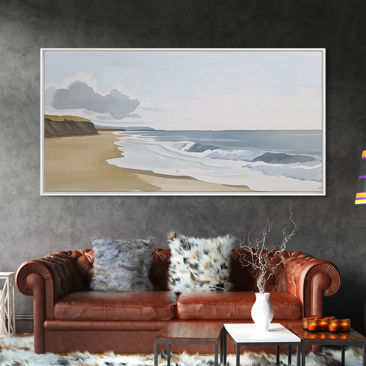 Quiet Shoreline With Rolling Waves Canvas Print, Minimalist Coastal Wall Art, Serene Beach Decor, Neutral Living Room Wall Art