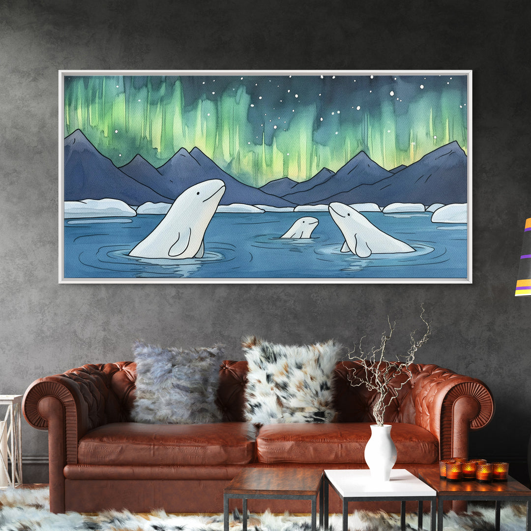 Beluga Whales Under Aurora Framed Canvas Print, Arctic Ocean Wildlife Wall Art, Nursery Decor, Kids Room Animal Art Prints