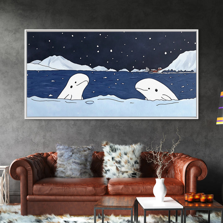 Two Beluga Whales In Icy Bay Wall Art, Arctic Ocean Watercolor Painting, Coastal Nursery Decor, Winter Wildlife Print Gift