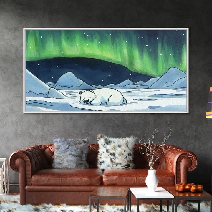 Polar Bear Under Green Aurora Wall Art, Arctic Animal Nursery Decor, Winter Landscape Art Print, Kids Room Decor Baby Gift