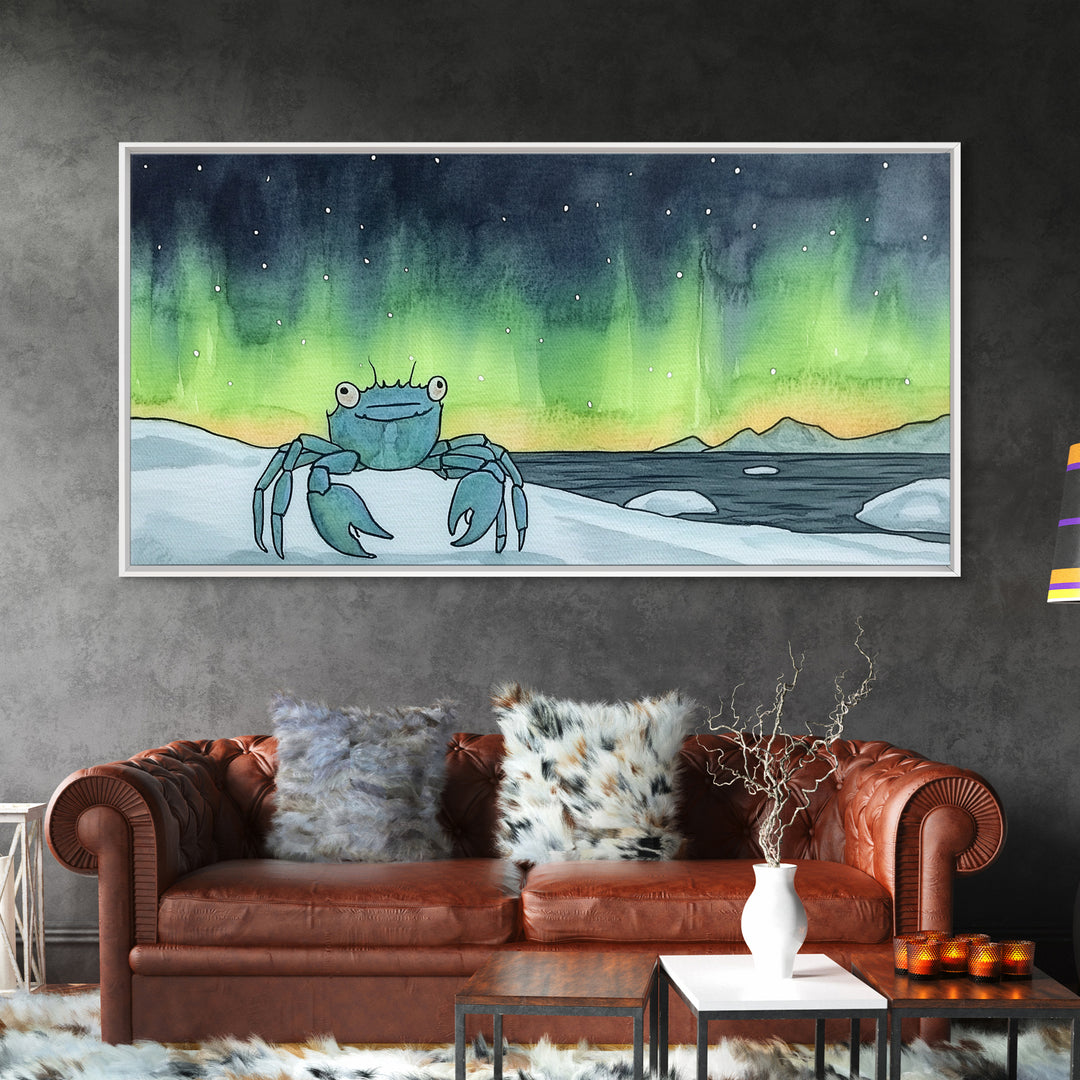 Blue Crab Under Green Aurora Wall Art, Coastal Animal Print, Ocean Nursery Decor, Whimsical Bathroom Wall Decor Gift For Her
