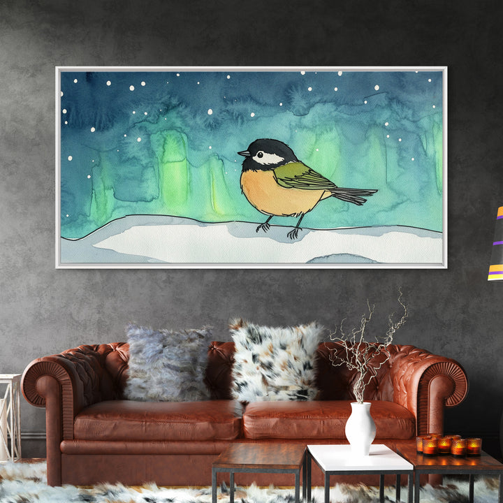 Chickadee Under Northern Lights Wall Art, Whimsical Bird Art Print, Celestial Nursery Decor, Kids Room Decor, Winter Wall Art