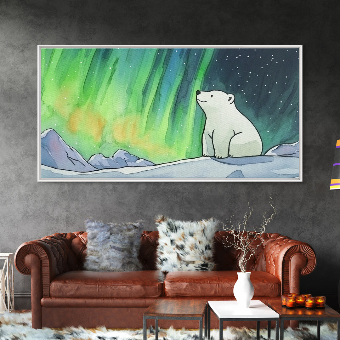Polar Bear Beneath Aurora Framed Canvas Print, Arctic Animal Wall Art, Celestial Nature Decor, Kids Room Art, Nursery Wall Art