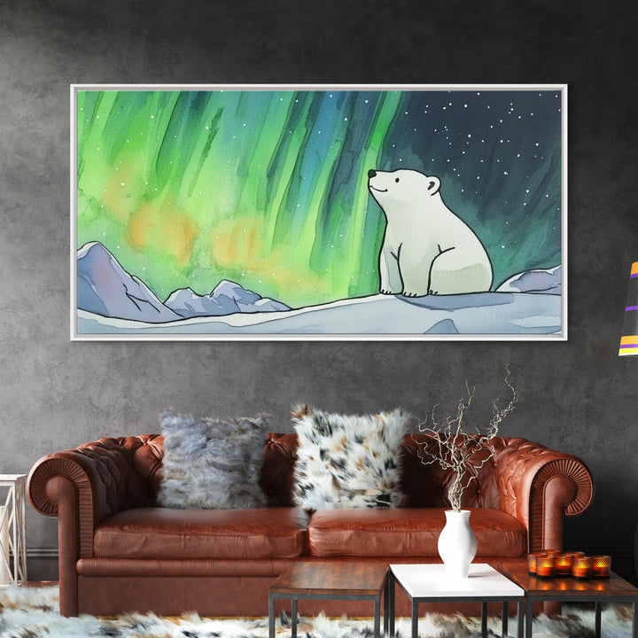 Polar Bear Beneath Aurora Framed Canvas Print, Arctic Animal Wall Art, Celestial Nature Decor, Kids Room Art, Nursery Wall Art