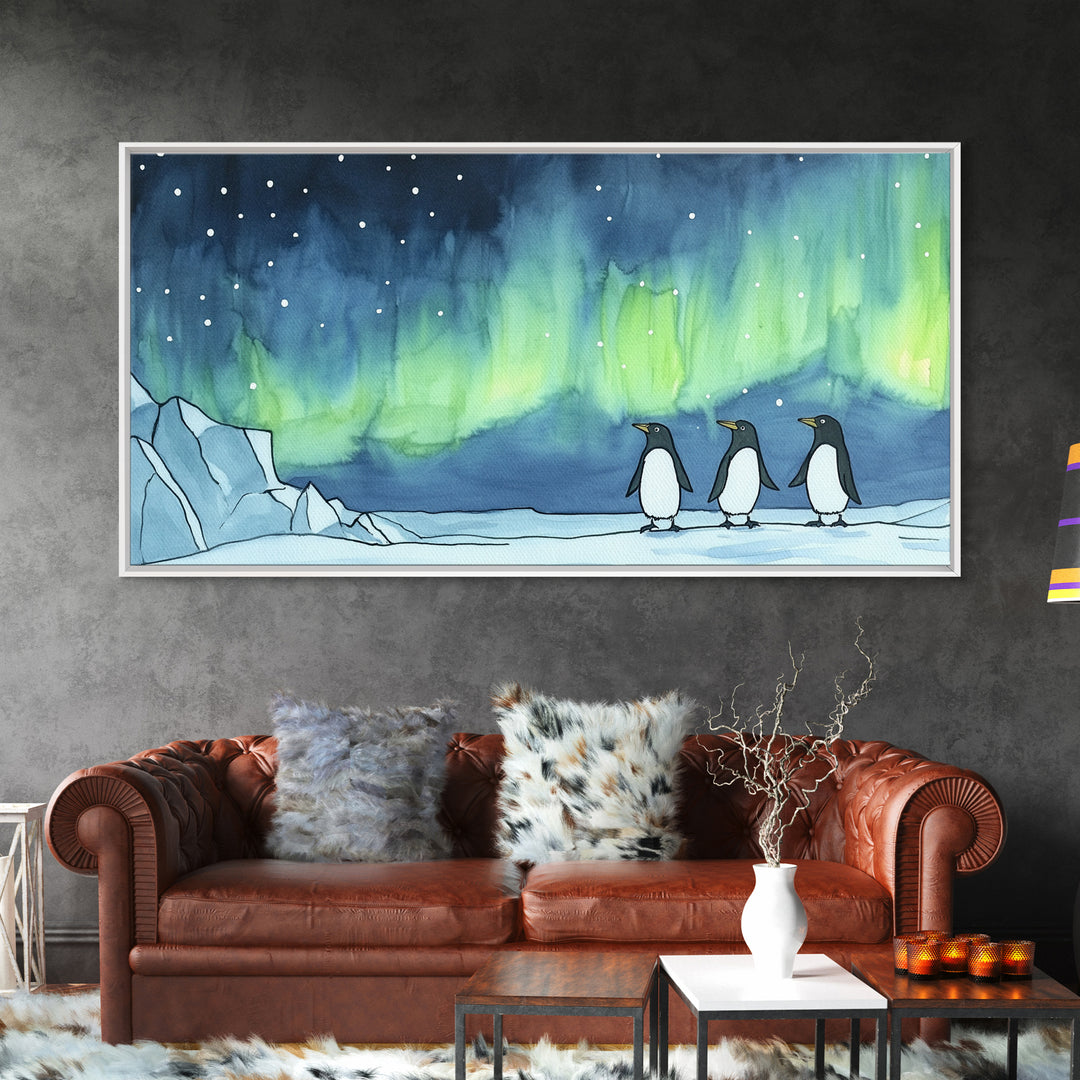 Penguins Walking Under Aurora Canvas Print, Arctic Animal Wall Art, Whimsical Nursery Decor, Kids Room Art, Coastal Wall Decor