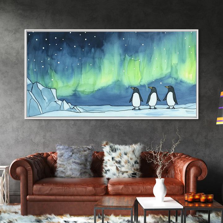 Penguins Walking Under Aurora Canvas Print, Arctic Animal Wall Art, Whimsical Nursery Decor, Kids Room Art, Coastal Wall Decor