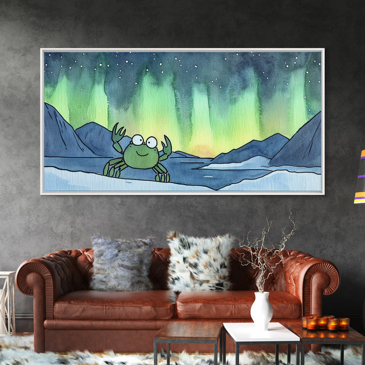 Cheerful Crab Under Northern Lights Wall Art, Whimsical Ocean Art Print, Coastal Nursery Decor, Kids Room Decor, Animal Wall Art