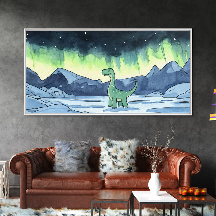 Friendly Loch Ness Dinosaur Under Aurora Wall Art, Whimsical Fantasy Art Print, Kids Room Decor, Nursery Wall Art, Lake Wall Art