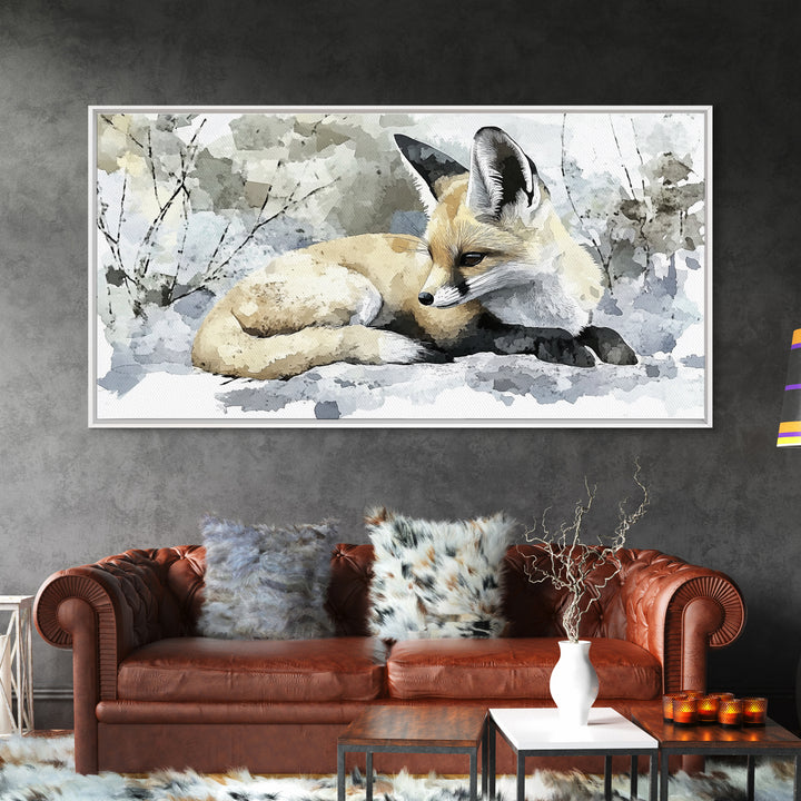 Resting Fennec Fox In Snow Watercolor Wall Art, Winter Wildlife Painting, Woodland Animal Decor, Nature Art Print Gift Idea