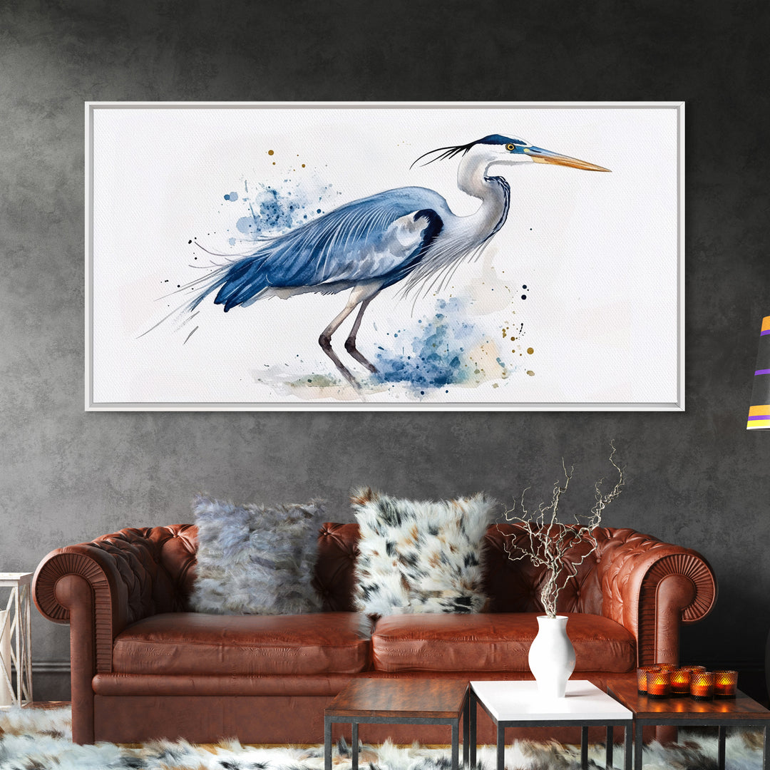 Blue Heron Watercolor Canvas Print, Elegant Coastal Bird Wall Art, Nautical Wildlife Decor, Beach House Living Room Art Print