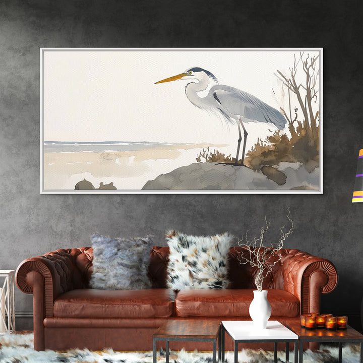 Coastal Great Blue Heron Wall Art, Serene Beach Landscape Watercolor, Nautical Bird Print, Beach House Living Room Decor
