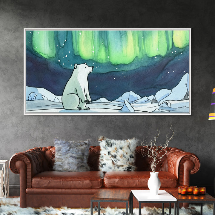 Polar Bear Northern Lights Canvas Print, Arctic Wildlife Wall Art, Aurora Borealis Nursery Decor, Whimsical Kids Room Gift