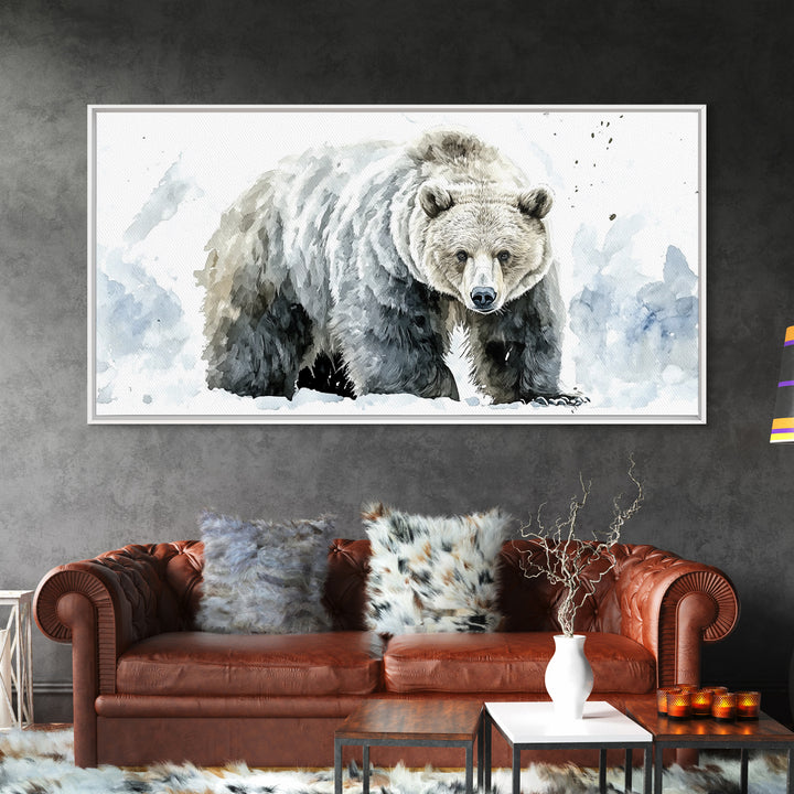 Snowy Grizzly Bear Canvas Print, Winter Wildlife Wall Art, Rustic Mountain Animal Decor, Lodge Cabin Living Room Gift For Him