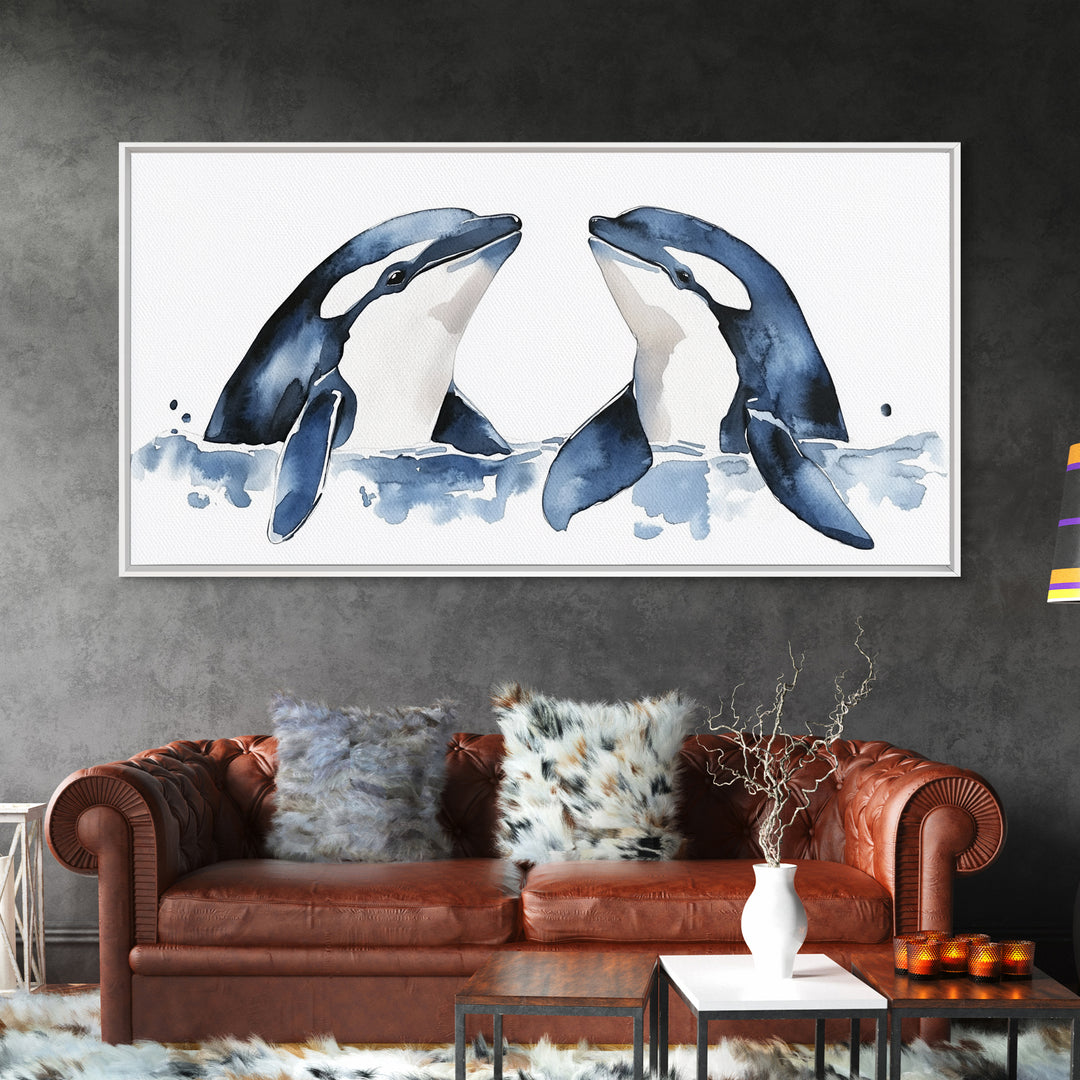 Two Orca Whales Rising From Blue Water Canvas Print, Minimalist Ocean Animal Wall Art, Coastal Nursery Decor, Gift For Her
