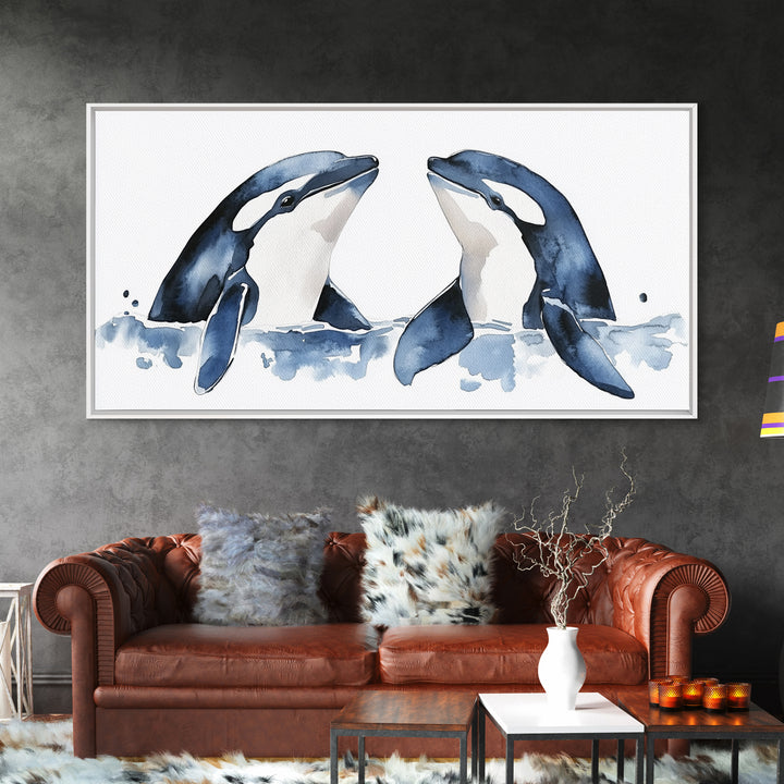 Two Orca Whales Rising From Blue Water Canvas Print, Minimalist Ocean Animal Wall Art, Coastal Nursery Decor, Gift For Her