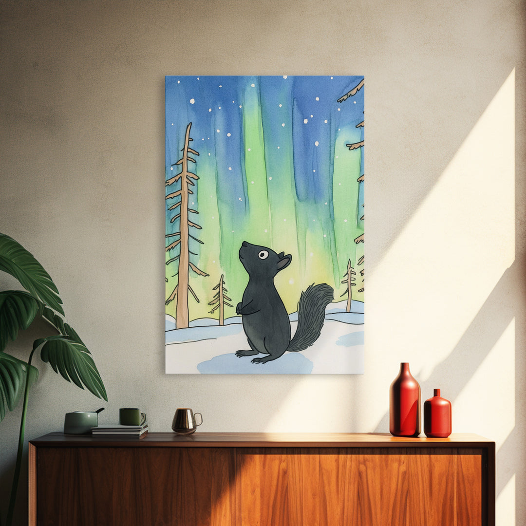 Whimsical Black Squirrel Aurora Wall Art, Northern Lights Nursery Decor, Woodland Animal Print, Winter Forest Kids Room Art