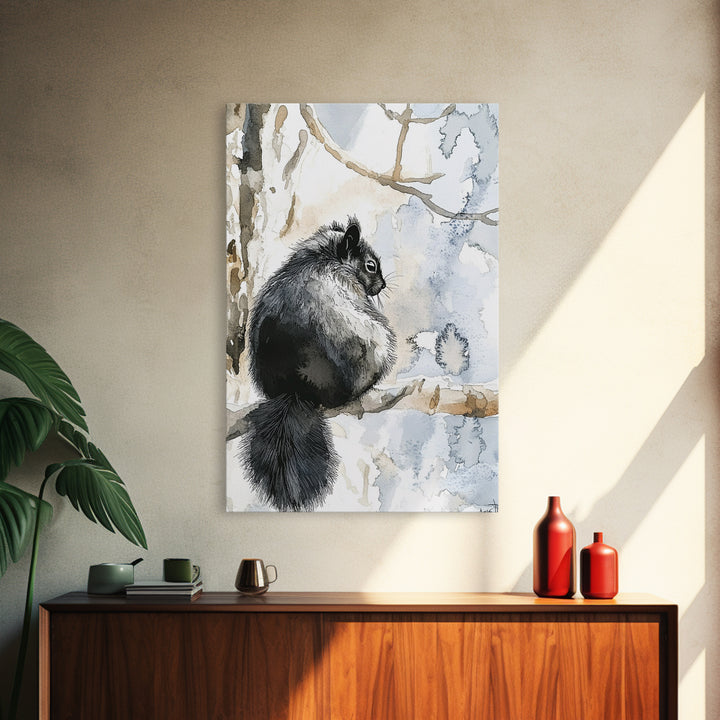Black Squirrel Winter Branch Wall Art, Watercolor Wildlife Print, Rustic Nature Decor, Woodland Animal Art, Cabin Poster
