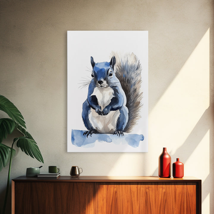 Blue Watercolor Squirrel Wall Art, Cute Woodland Animal Print, Nursery Decor, Kids Room Art, Whimsical Wildlife Poster Gift