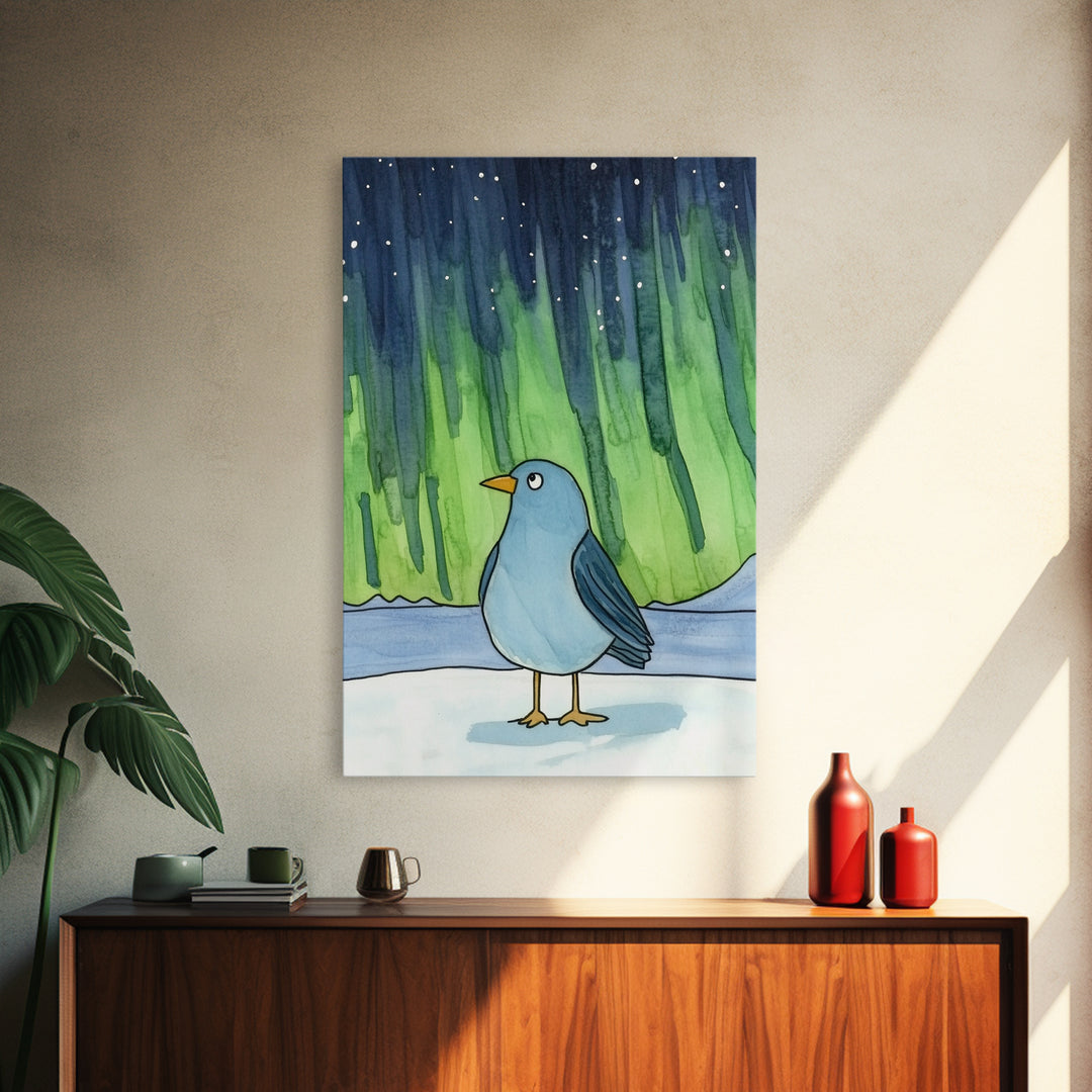 Whimsical Blue Bird Aurora Wall Art, Northern Lights Winter Decor, Nursery Animal Print, Kids Room Art, Celestial Poster