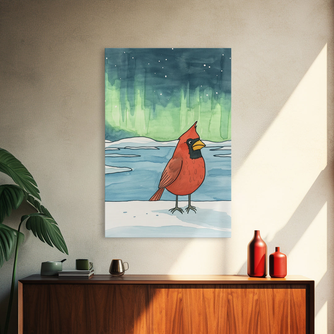 Cardinal Under Northern Lights Canvas Print, Winter Landscape Wall Art, Bird Art Print, Cozy Cabin Decor, Christmas Gift For Her