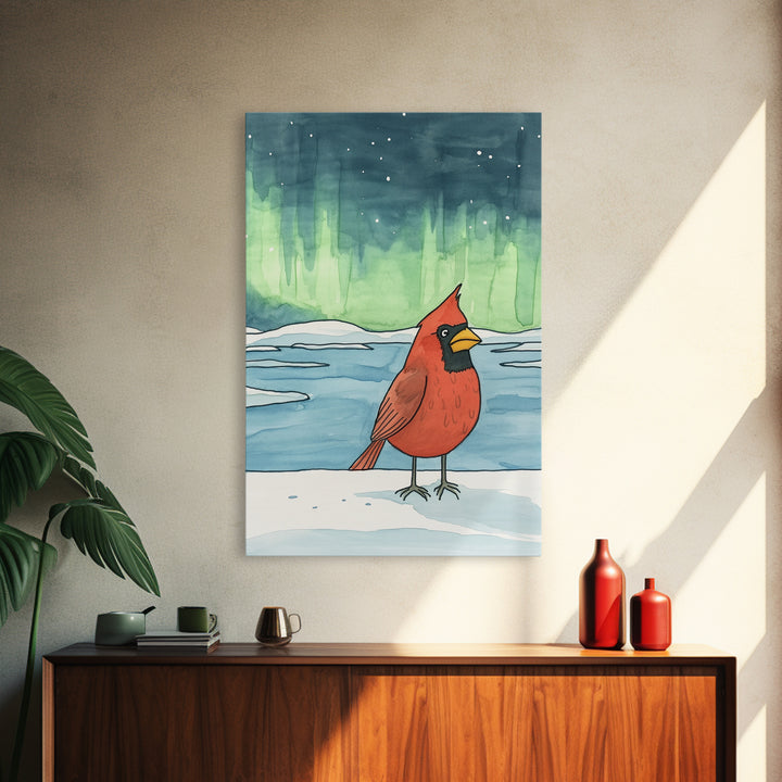 Cardinal Under Northern Lights Canvas Print, Winter Landscape Wall Art, Bird Art Print, Cozy Cabin Decor, Christmas Gift For Her