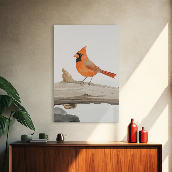 Bright Cardinal On Weathered Log Canvas Print, Winter Bird Wall Art, Rustic Nature Decor, Farmhouse Wall Decor, Gift For Her