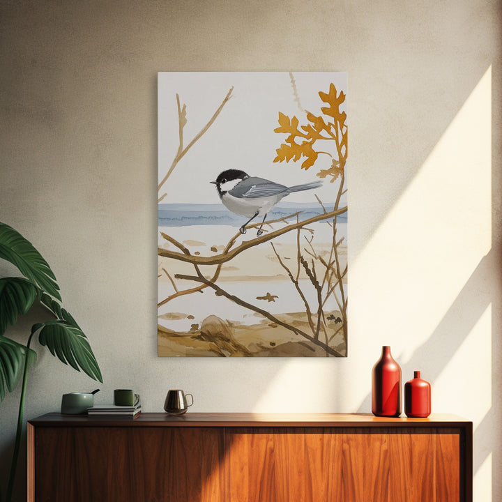 Coastal Chickadee On Driftwood Branch Wall Art, Beach House Decor, Nautical Nature Print, Bird Art Print, Serene Seaside Decor