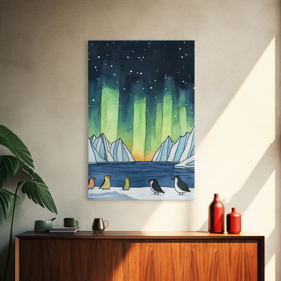 Penguins Under Northern Lights Canvas Print, Aurora Borealis Wall Decor, Arctic Animal Art, Kids Room Decor, Whimsical Nursery Art