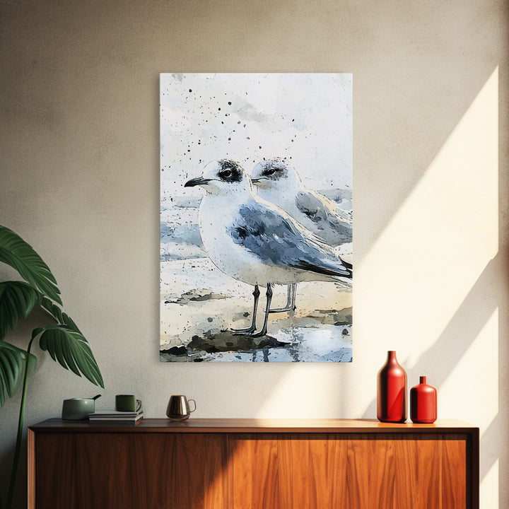 Two Seagulls On Sandy Beach Framed Canvas Print, Coastal Wall Art, Ocean Decor, Nautical Art Print, Beach House Decor Gift