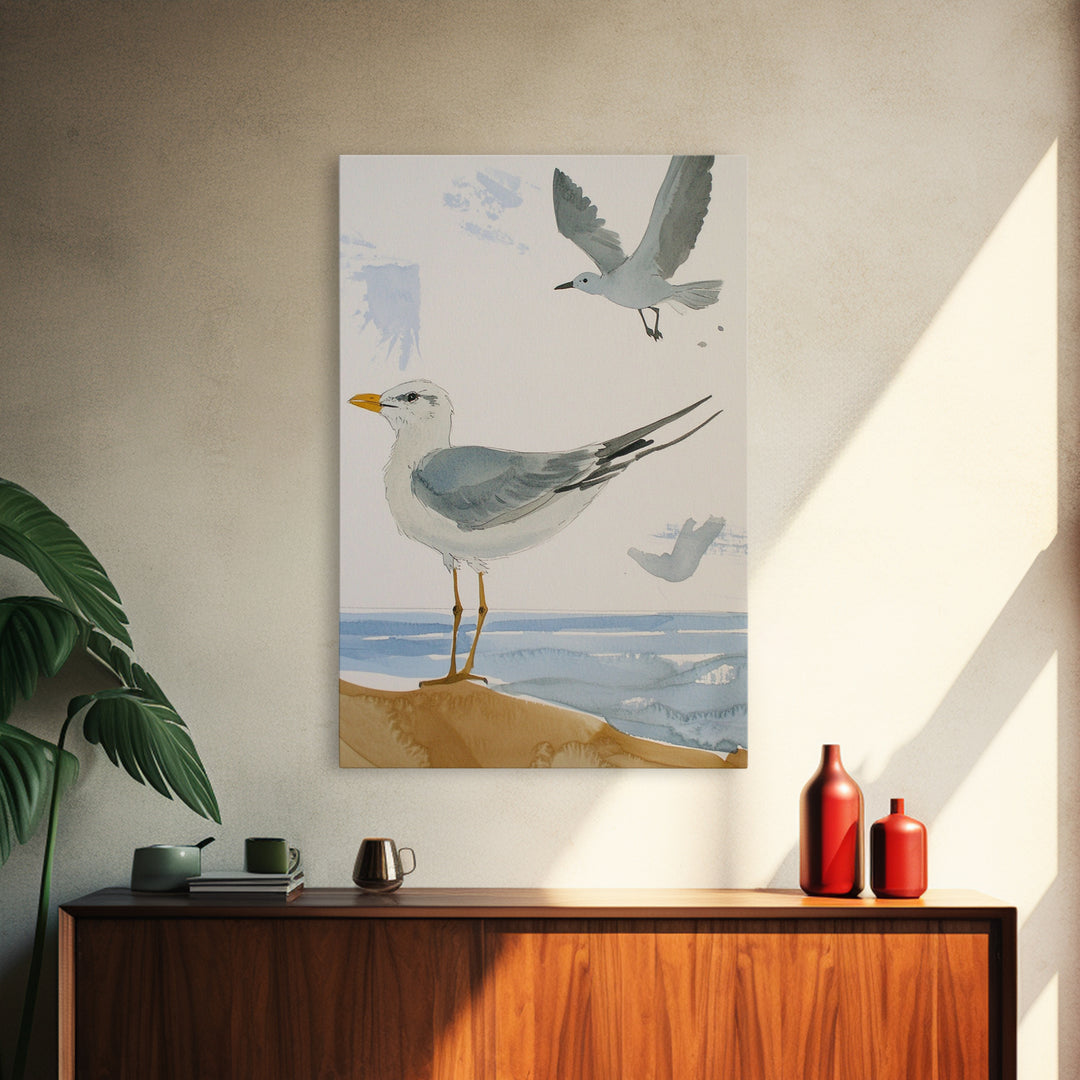 Minimal Seagulls Above Ocean Dune Canvas Print, Coastal Wall Art, Beach House Decor, Nautical Bird Print, Serene Bathroom Decor