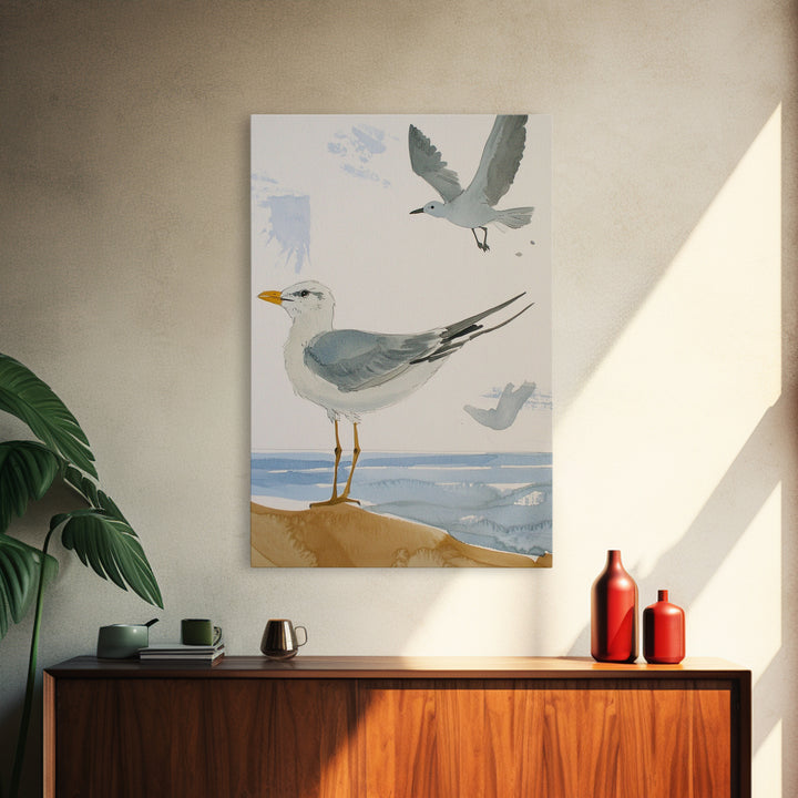 Minimal Seagulls Above Ocean Dune Canvas Print, Coastal Wall Art, Beach House Decor, Nautical Bird Print, Serene Bathroom Decor