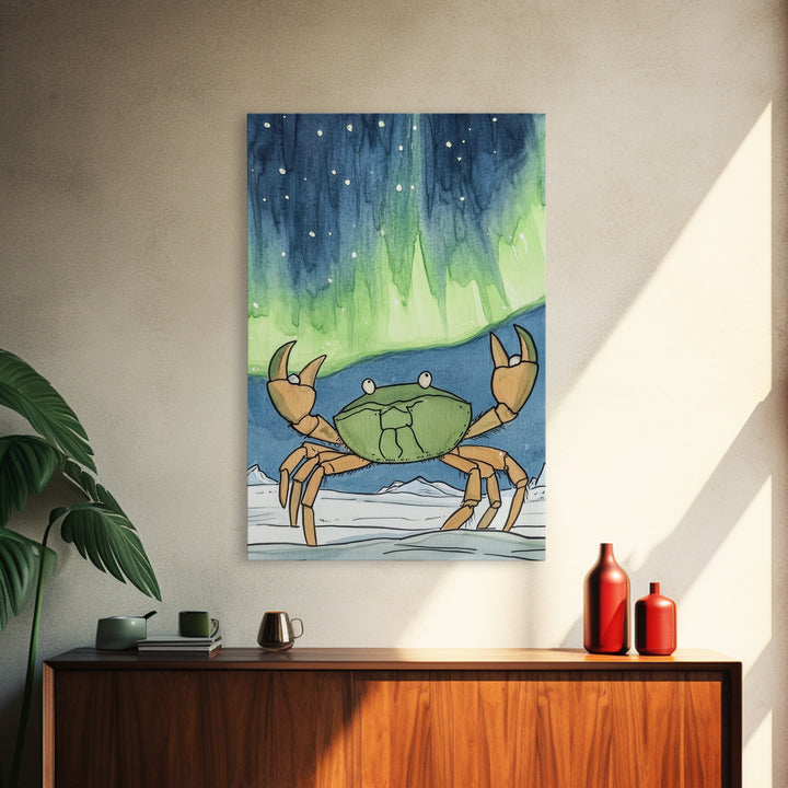 Whimsical Crab Under Northern Lights Wall Art, Coastal Animal Print, Ocean Nursery Decor, Kids Room Decor, Playful Beach House Art