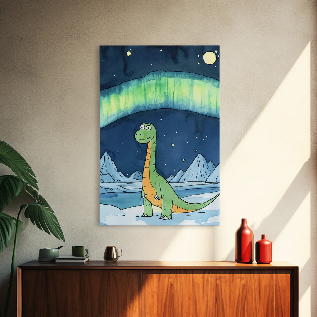 Cute Green Dinosaur Under Northern Lights Wall Art, Whimsical Nursery Decor, Kids Room Art, Arctic Adventure Canvas Print
