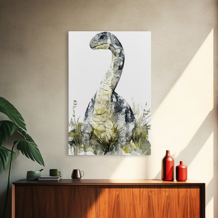 Gentle Long Neck Dinosaur Watercolor Wall Art, Neutral Nursery Decor, Animal Art Print, Kids Room Canvas Print, Baby Gift